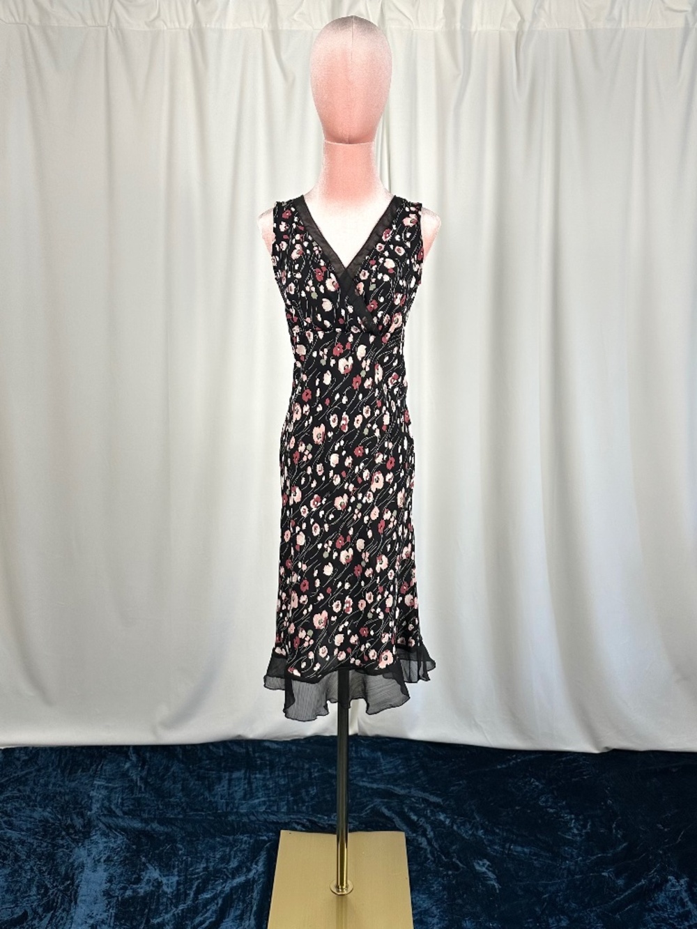 Vintage Loco Lindo Black Floral Midi Dress XS Romantic Sheer Hem